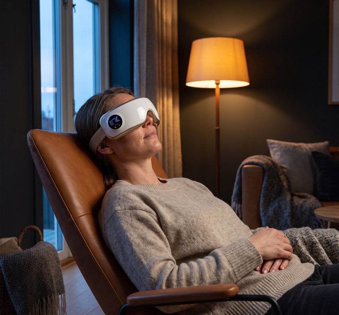 Kvinna vilar i fåtölj med Hvilo Massagemask